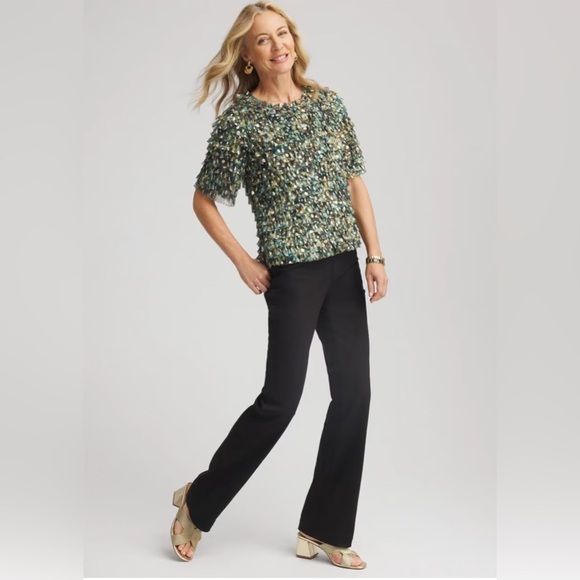 CHICO'S NWT $129.50 Foil Mesh Ruffle Cropped Top Gold Spruce Blouse Size 3 (XL) - Picture 3 of 11